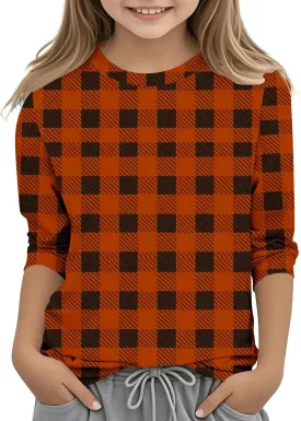 3/4 Length Sleeve Girls Tops Cute Plaid Print Tees Basic Crewneck Tops Trendy Blouses Back to School Outfits for Girls