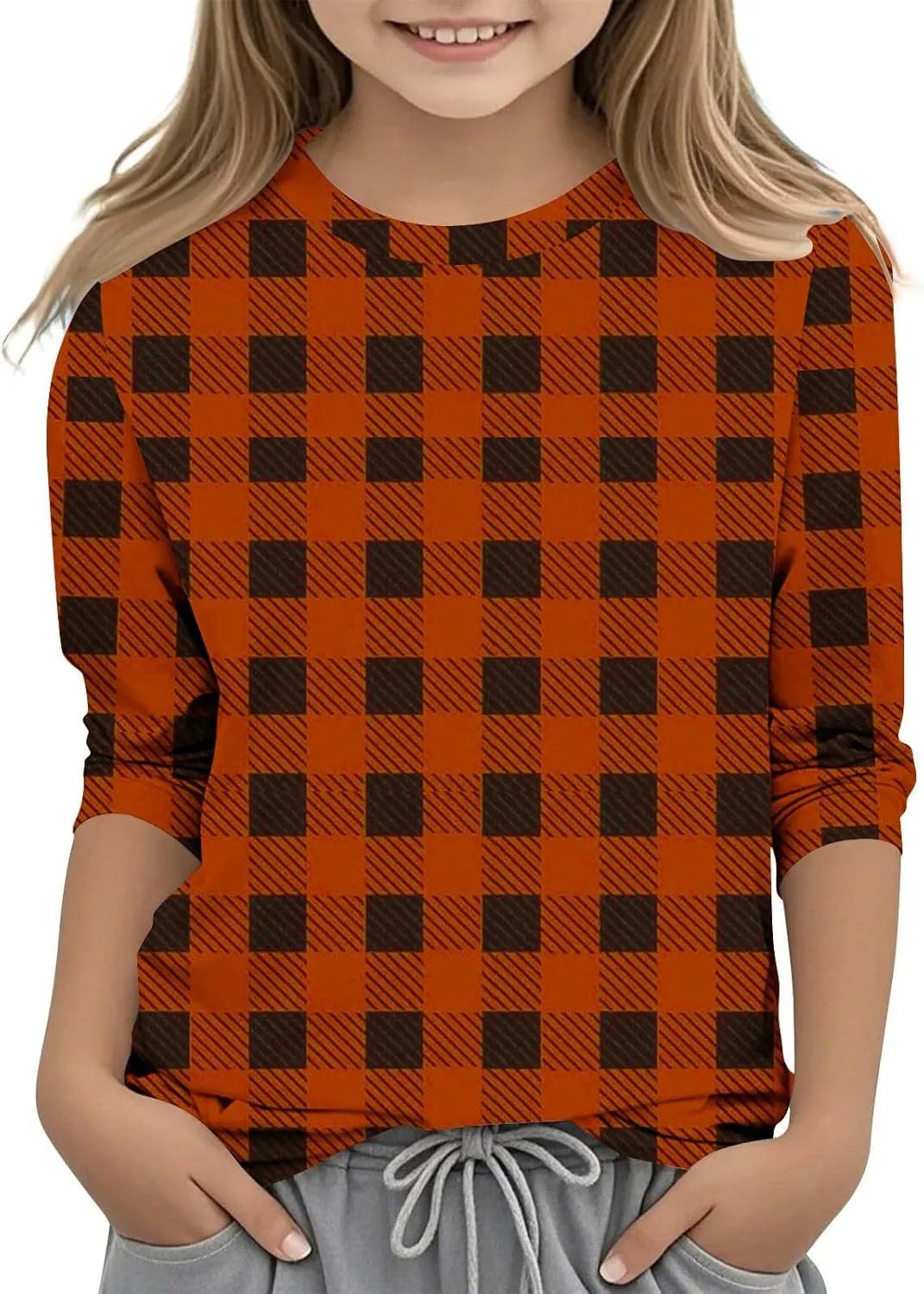 3/4 Length Sleeve Girls Tops Cute Plaid Print Tees Basic Crewneck Tops Trendy Blouses Back to School Outfits for Girls