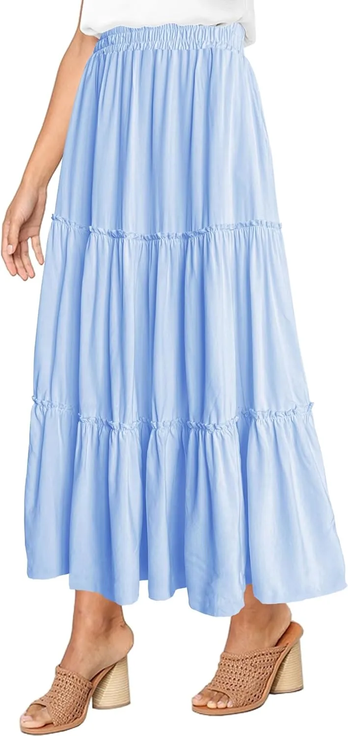 Afibi Womens High Waist A Line Ruffle Swing Long Maxi Skirt with Pockets