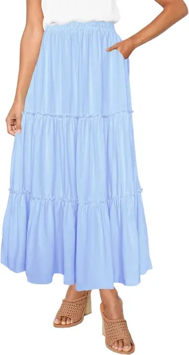 Afibi Womens High Waist A Line Ruffle Swing Long Maxi Skirt with Pockets