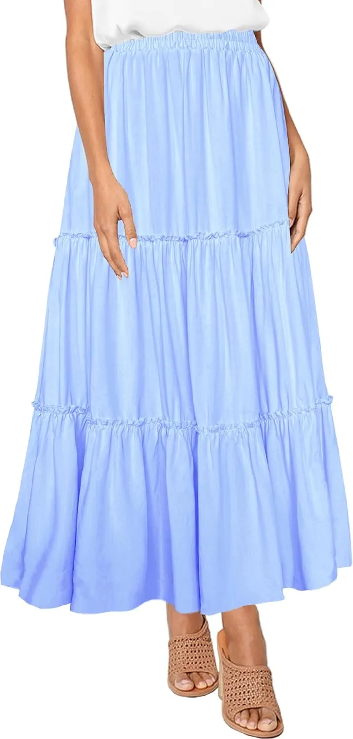 Afibi Womens High Waist A Line Ruffle Swing Long Maxi Skirt with Pockets
