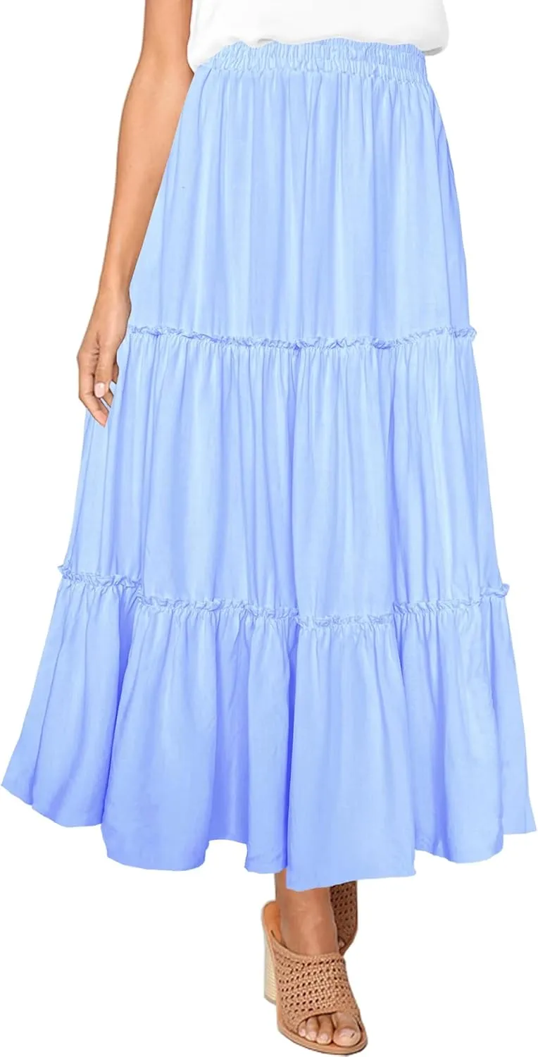 Afibi Womens High Waist A Line Ruffle Swing Long Maxi Skirt with Pockets