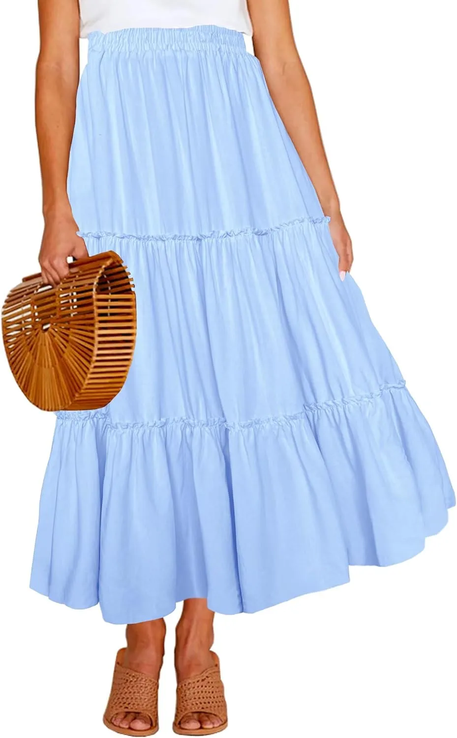 Afibi Womens High Waist A Line Ruffle Swing Long Maxi Skirt with Pockets