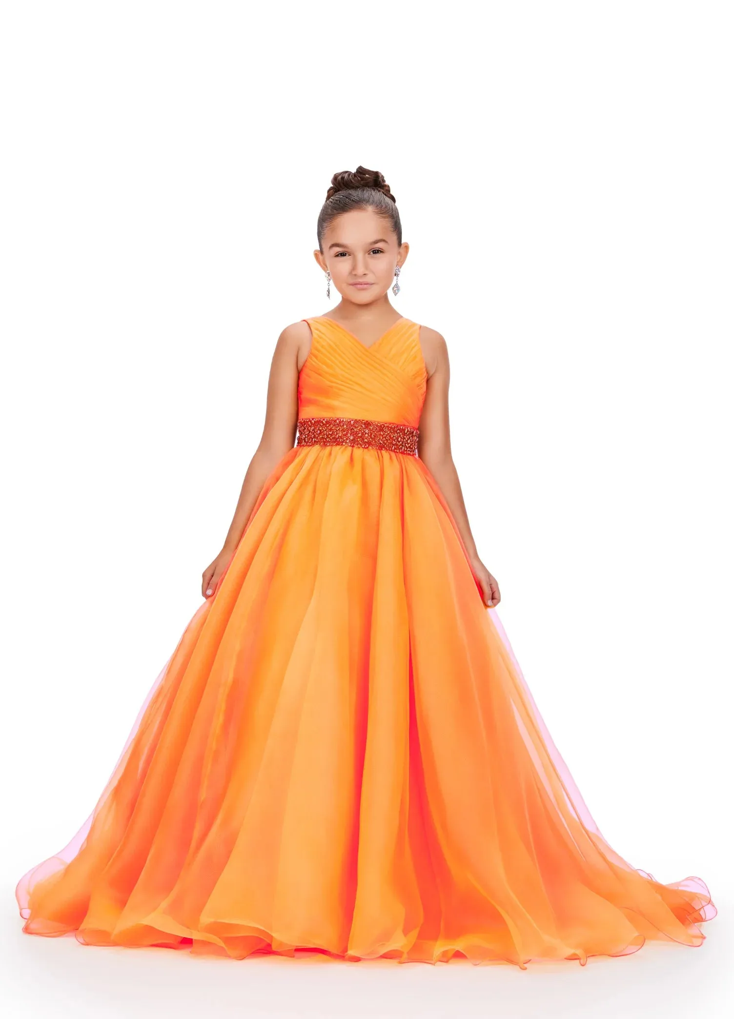 Ashley Lauren Kids 8249 Size 8 Yellow Girls Organza A Line Pageant Dress Ballgown V Neck Crystal Belt