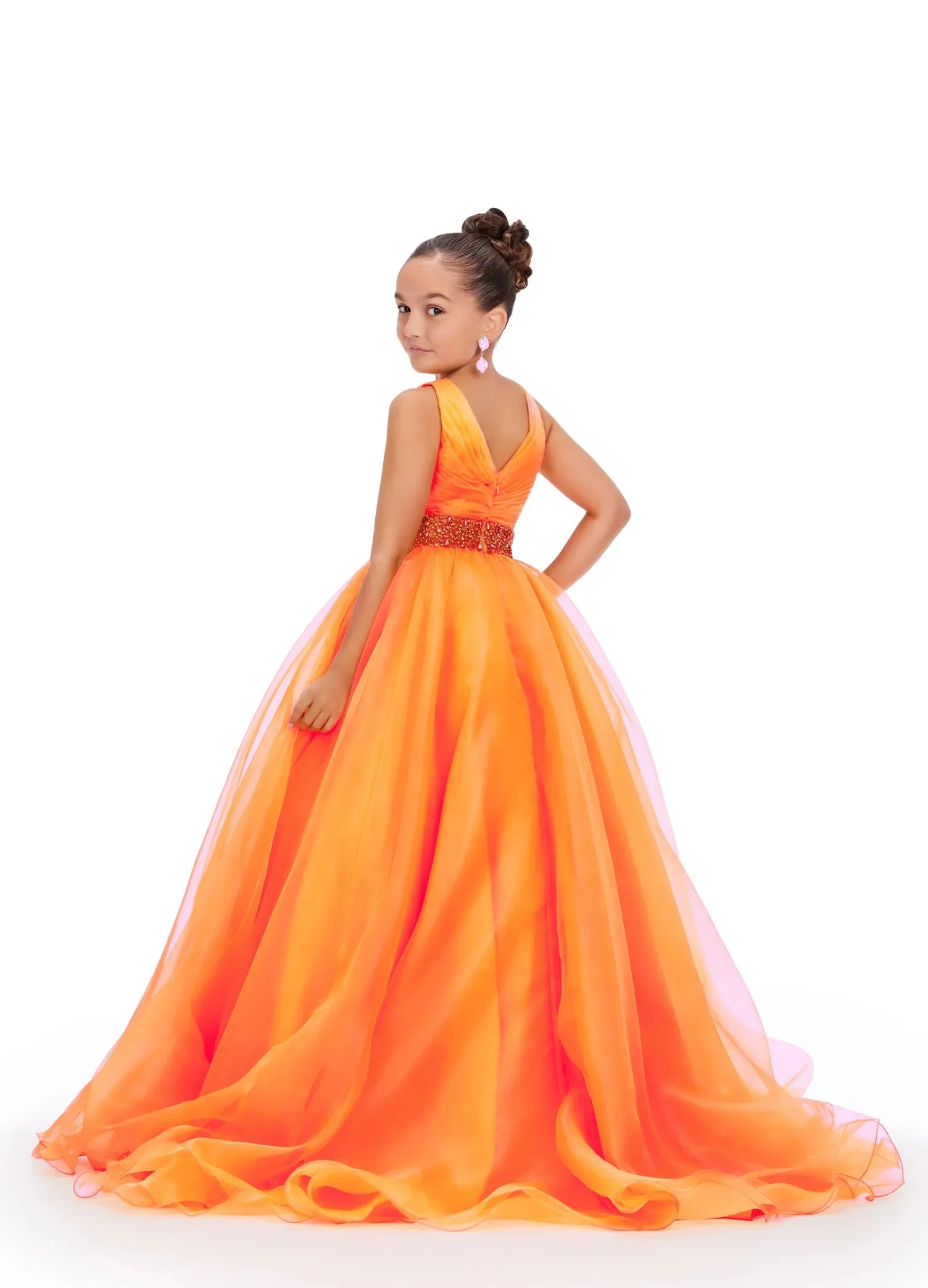 Ashley Lauren Kids 8249 Size 8 Yellow Girls Organza A Line Pageant Dress Ballgown V Neck Crystal Belt