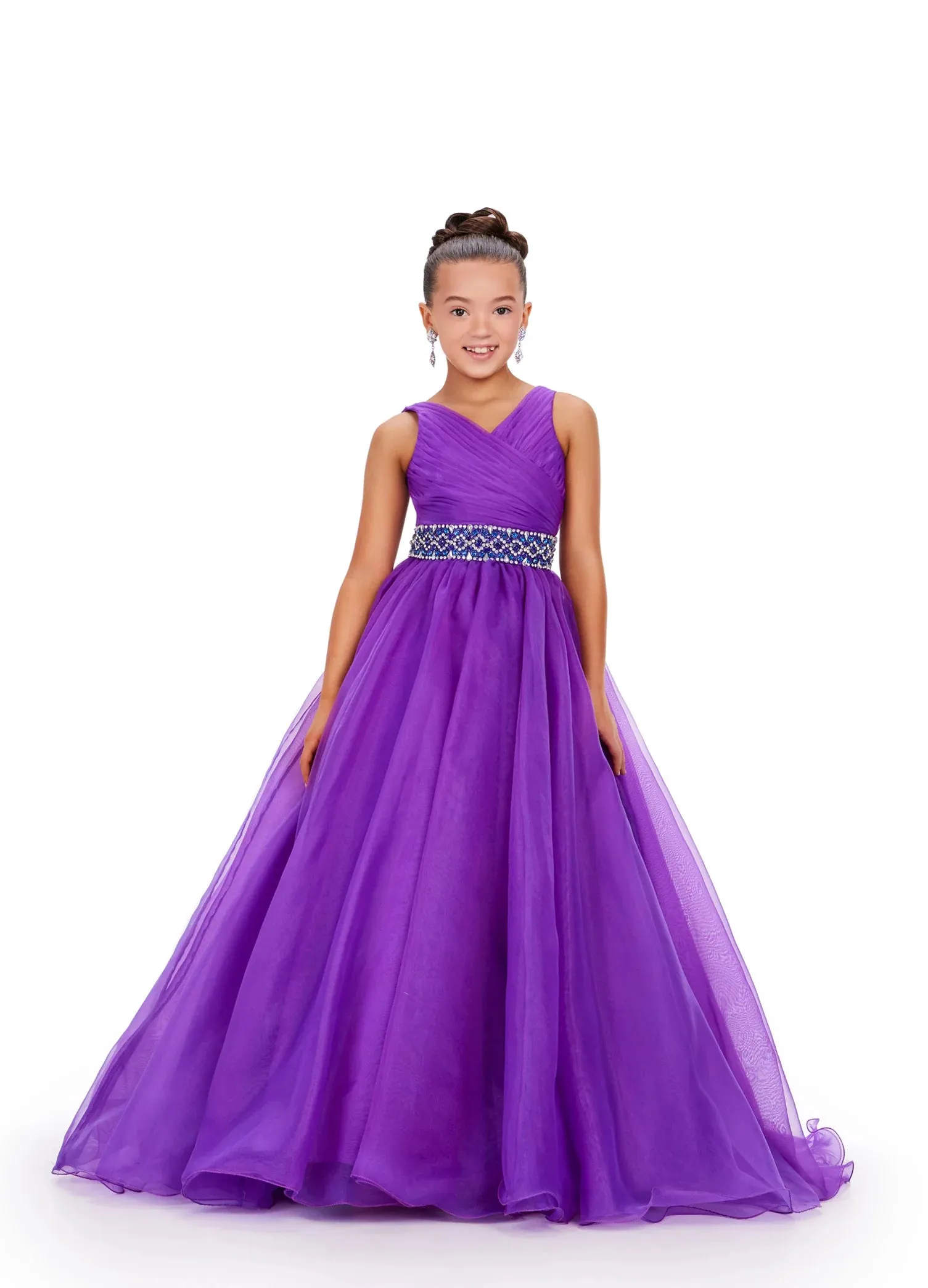 Ashley Lauren Kids 8249 Size 8 Yellow Girls Organza A Line Pageant Dress Ballgown V Neck Crystal Belt