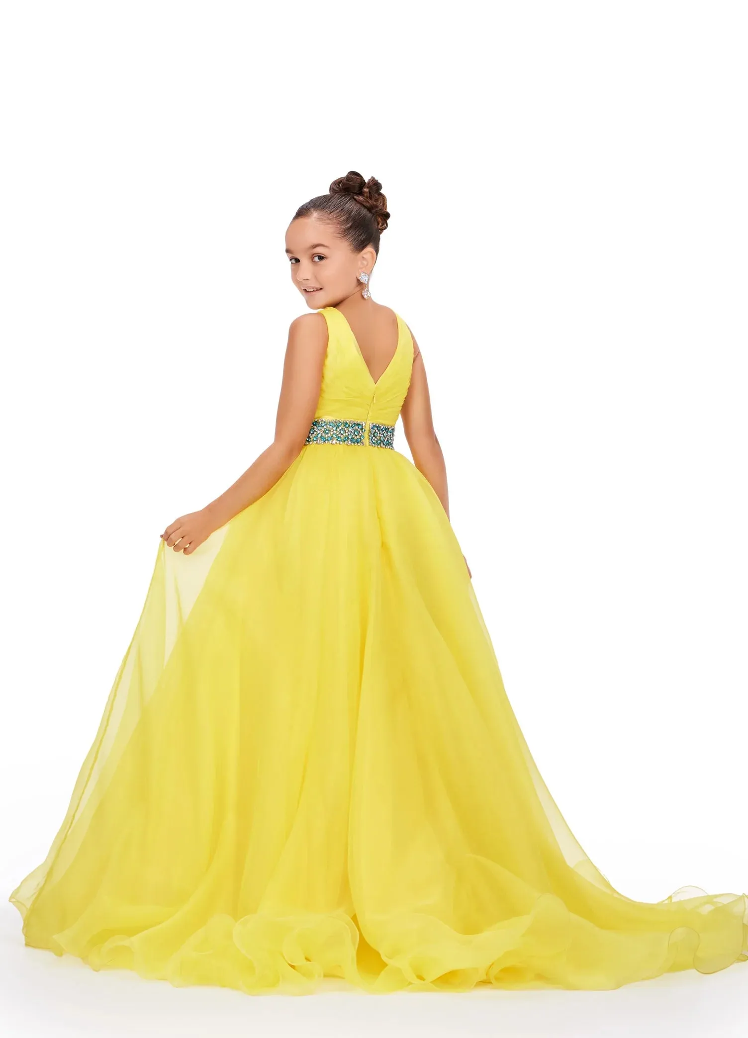 Ashley Lauren Kids 8249 Size 8 Yellow Girls Organza A Line Pageant Dress Ballgown V Neck Crystal Belt