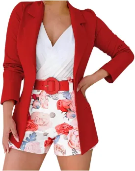 Blazer Sets Women 2 Piece Outfits with Belt Long Sleeve Coat Casual Office Blazers Jackets Shorts Suit, Small