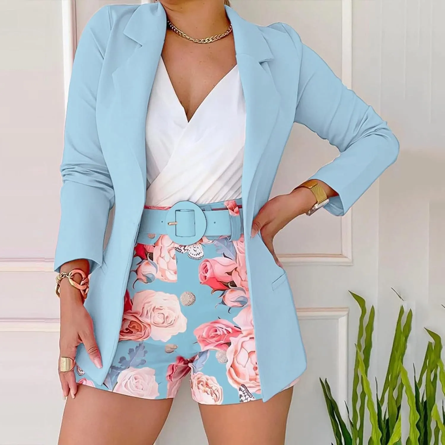 Blazer Sets Women 2 Piece Outfits with Belt Long Sleeve Coat Casual Office Blazers Jackets Shorts Suit, Small