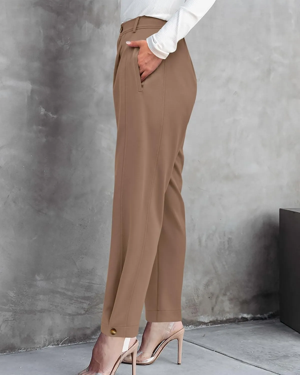 BTFBM Women's 2025 Casual Button Down Pants Elastic High Waist Business Work Trousers Long Straight Slacks with Pockets
