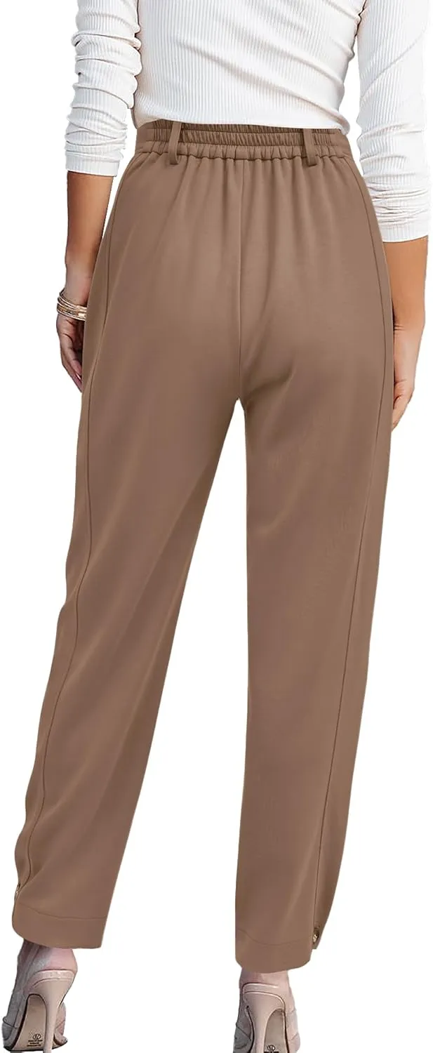 BTFBM Women's 2025 Casual Button Down Pants Elastic High Waist Business Work Trousers Long Straight Slacks with Pockets