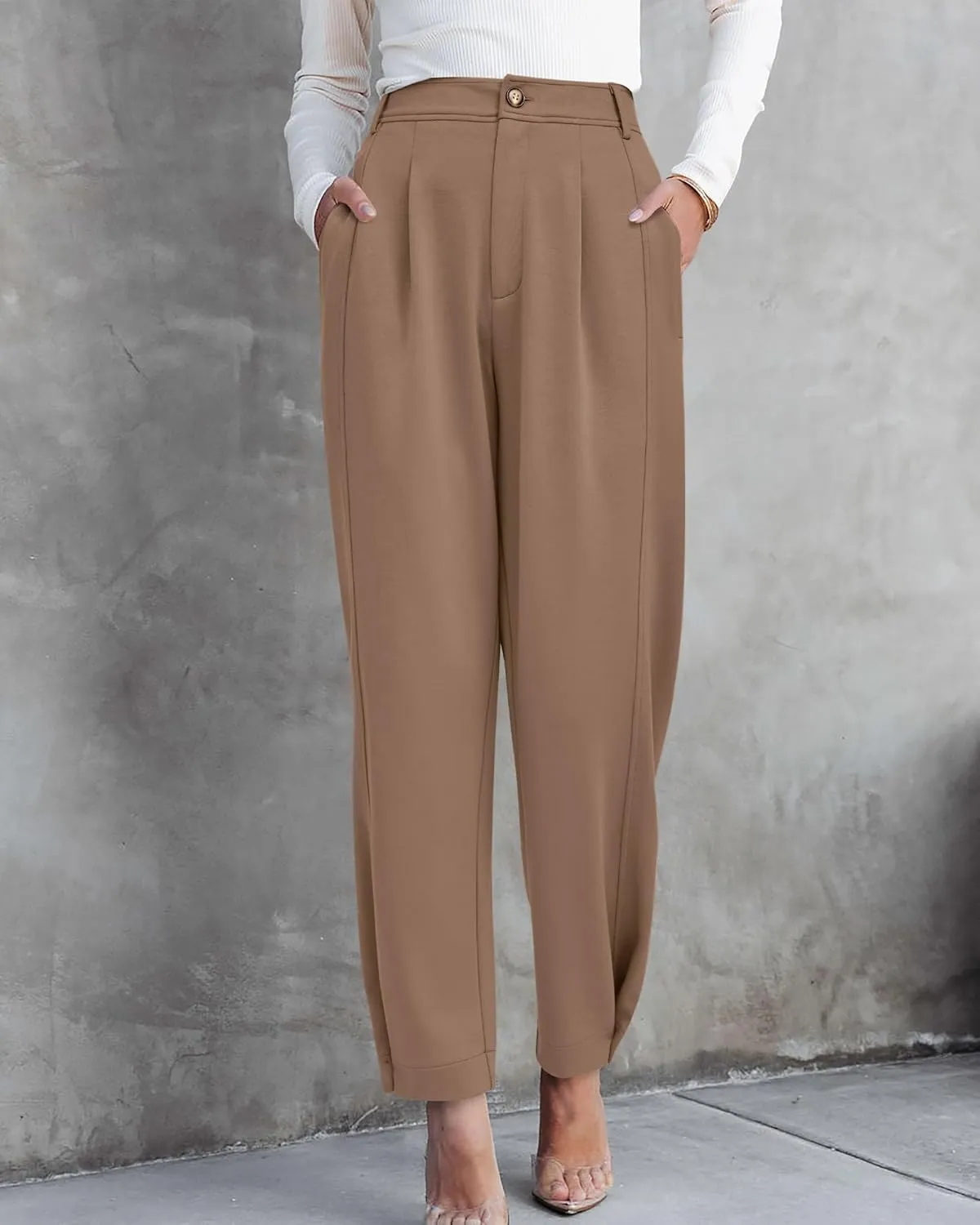 BTFBM Women's 2025 Casual Button Down Pants Elastic High Waist Business Work Trousers Long Straight Slacks with Pockets