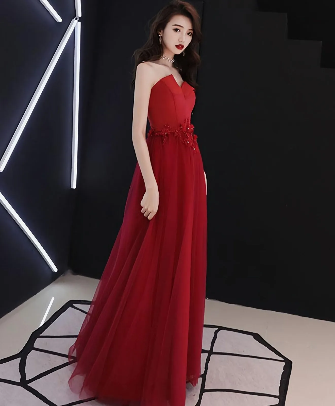 Burgundy Round Neck Tulle Long Prom Dress Lace Evening Dress