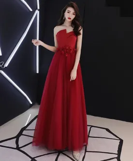 Burgundy Round Neck Tulle Long Prom Dress Lace Evening Dress