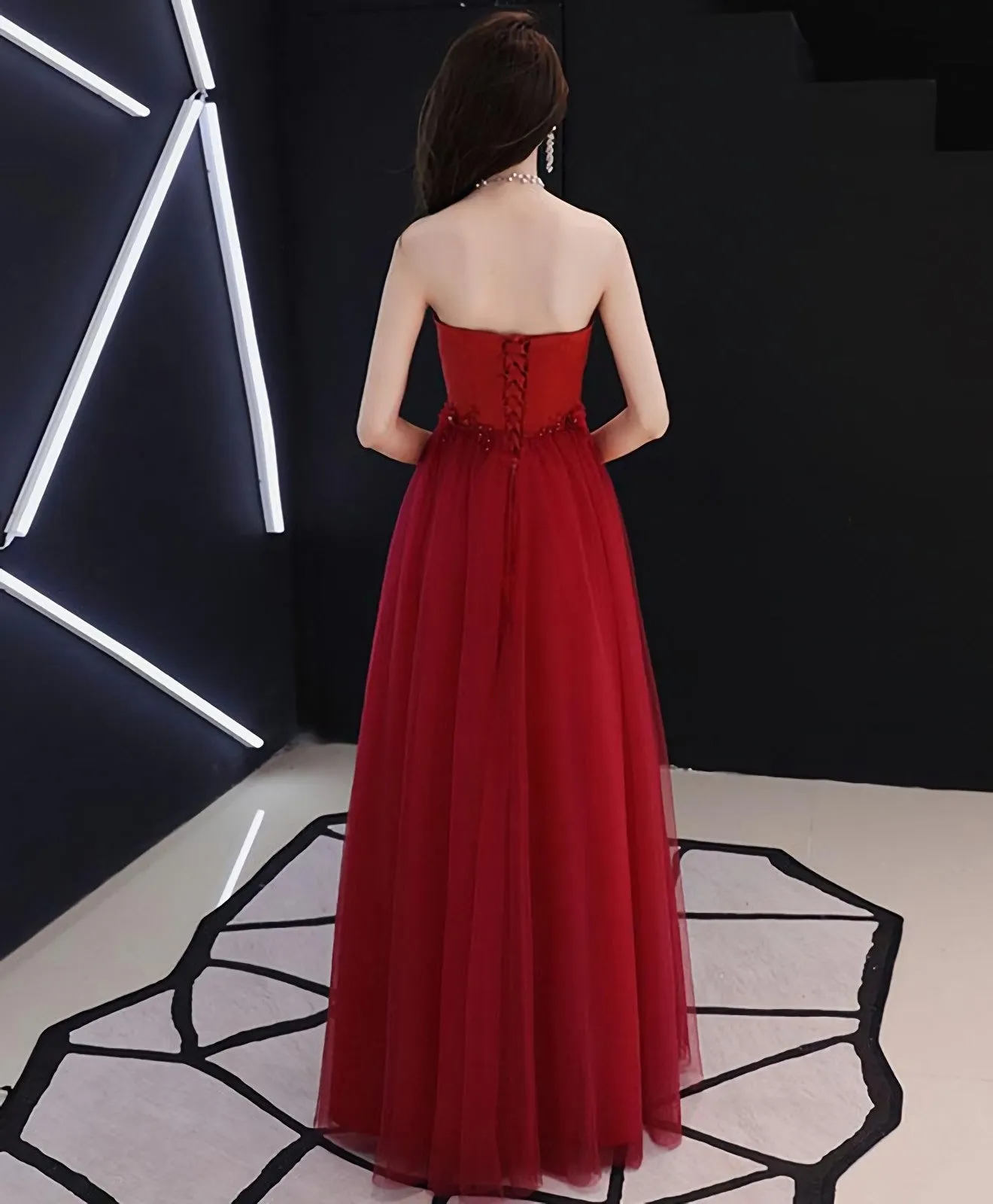 Burgundy Round Neck Tulle Long Prom Dress Lace Evening Dress