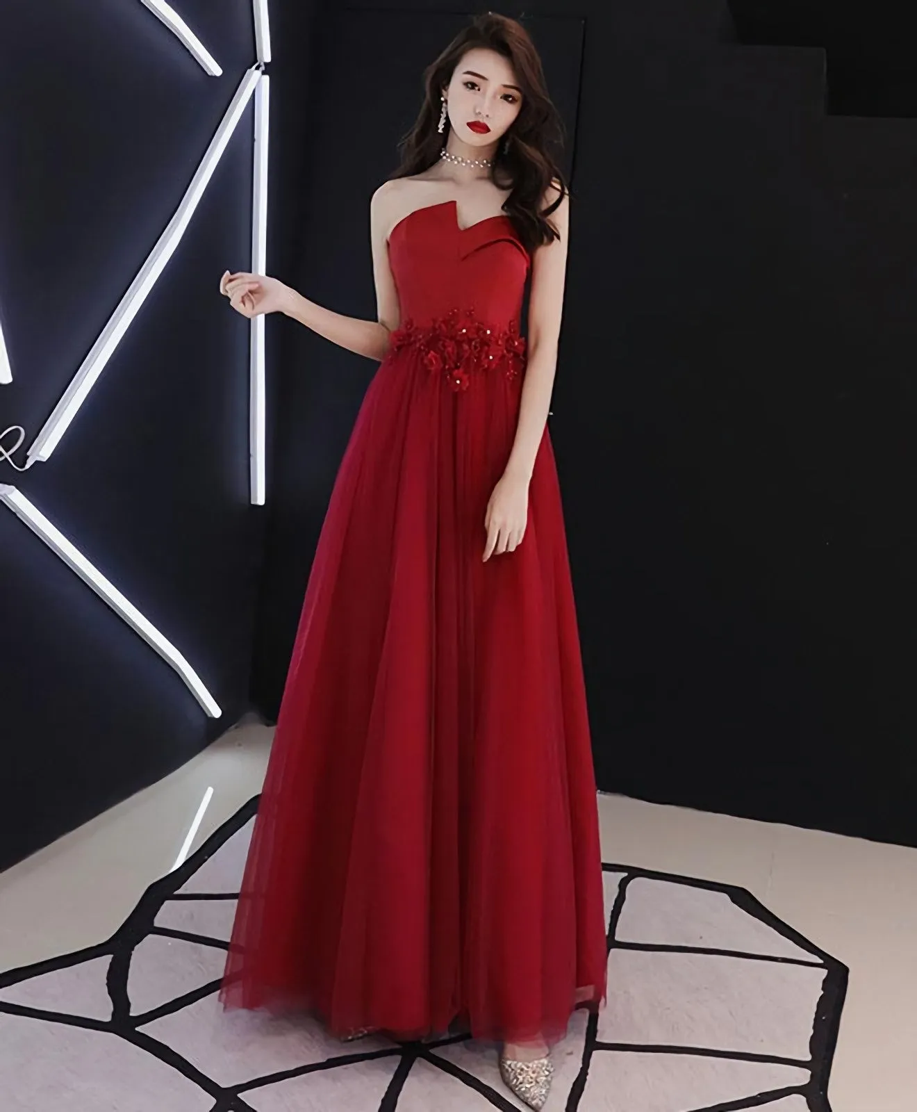 Burgundy Round Neck Tulle Long Prom Dress Lace Evening Dress