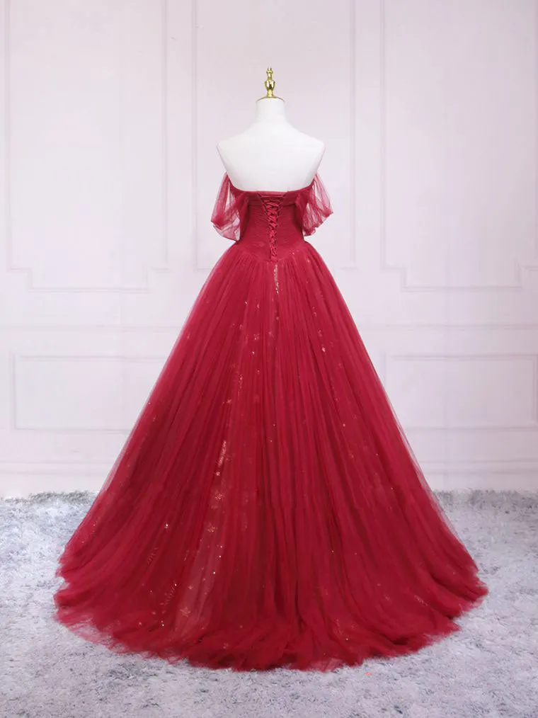 Burgundy Tulle Long Prom Dress Burgundy Evening Dress