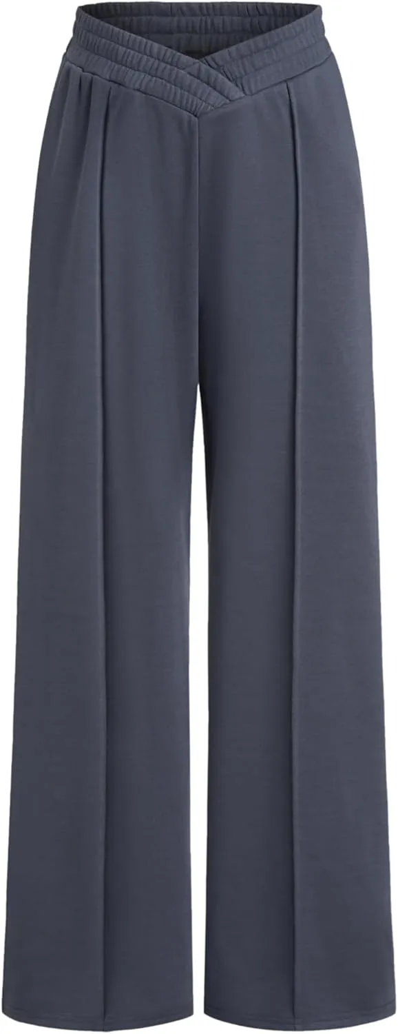 CIDER Mid Rise Solid Pleated Elastic Waist Wide Leg Trousers