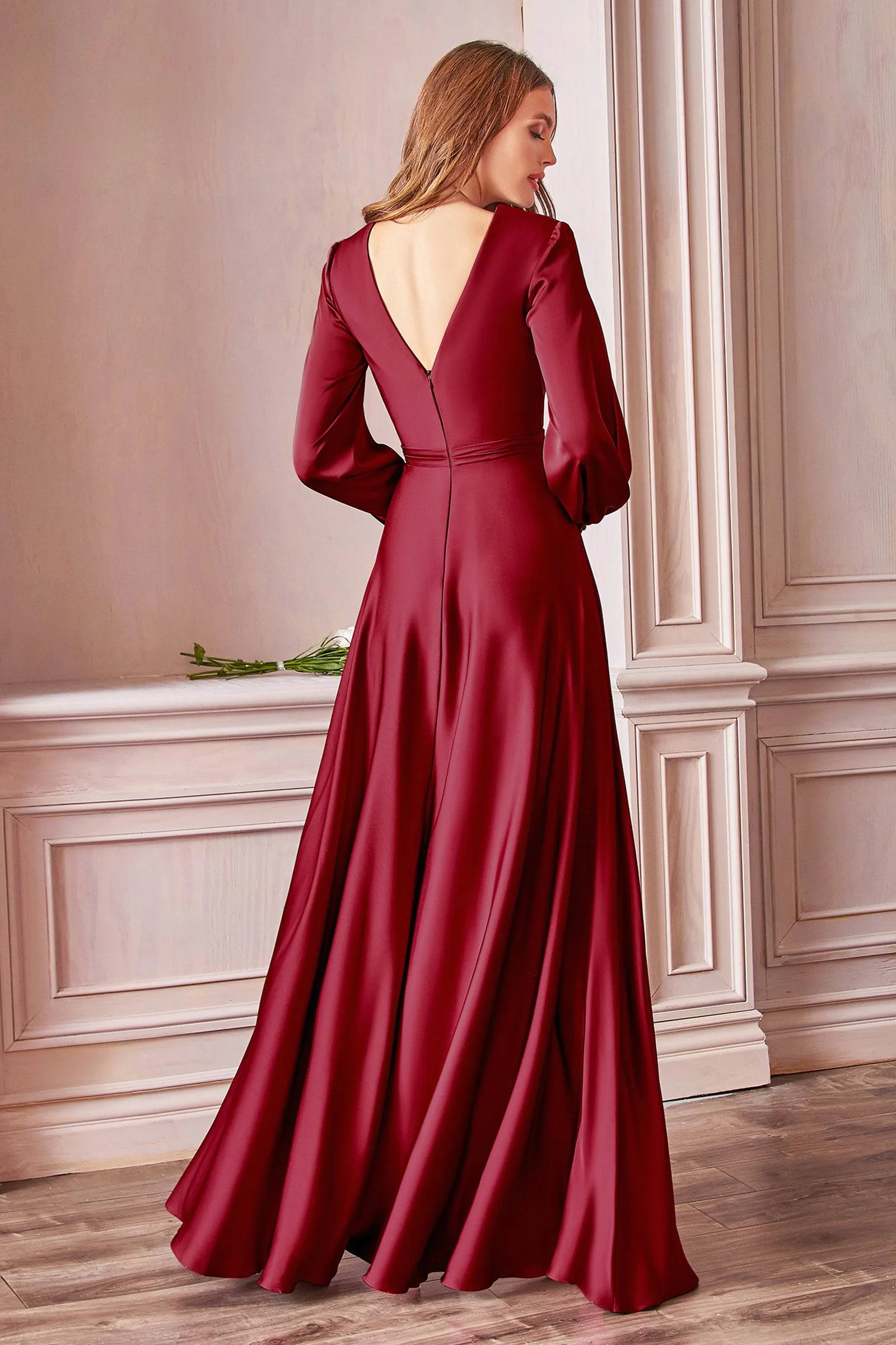 Cinderella Divine 7475 Long Sleeve Slit Leg Dress