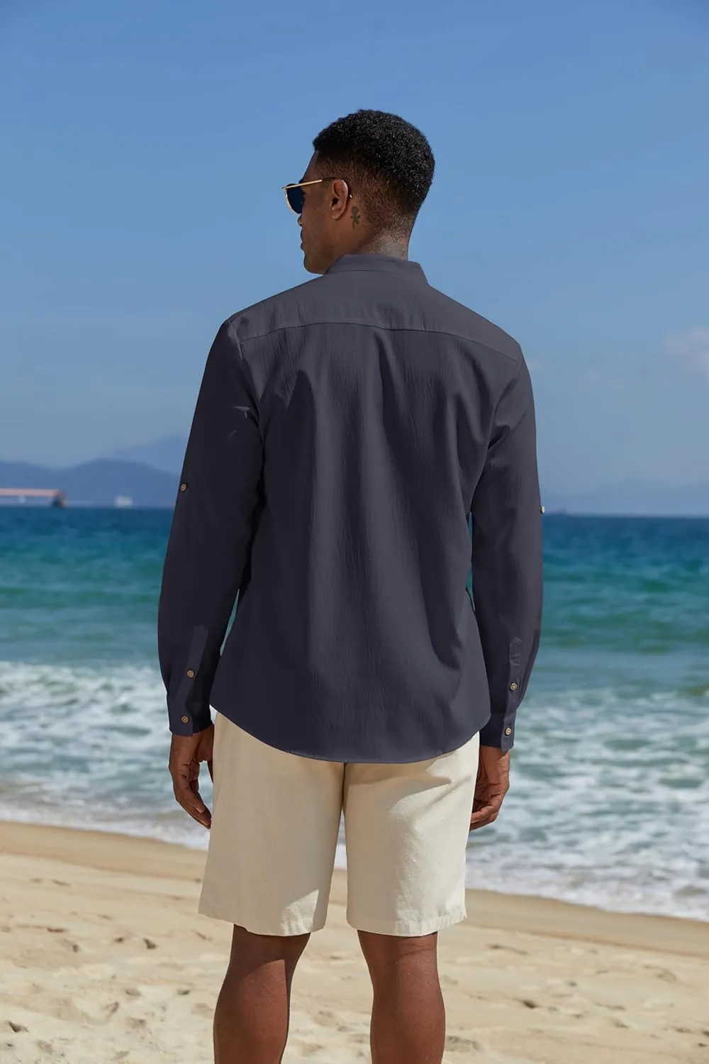 COOFANDY Men's Casual Henley Shirts Long Sleeve Band Collar Lightweight Beach Shirts Summer T-Shirts