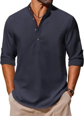 COOFANDY Men's Casual Henley Shirts Long Sleeve Band Collar Lightweight Beach Shirts Summer T-Shirts