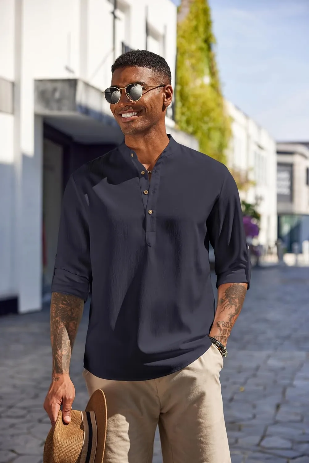 COOFANDY Men's Casual Henley Shirts Long Sleeve Band Collar Lightweight Beach Shirts Summer T-Shirts