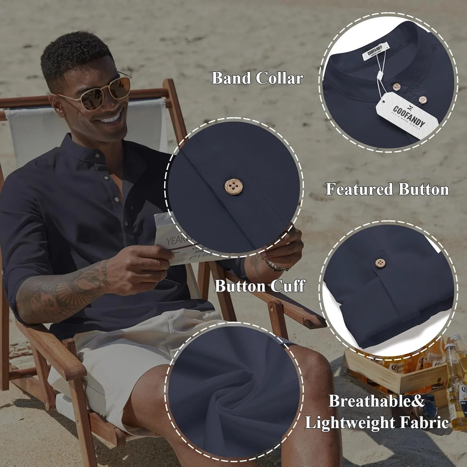 COOFANDY Men's Casual Henley Shirts Long Sleeve Band Collar Lightweight Beach Shirts Summer T-Shirts