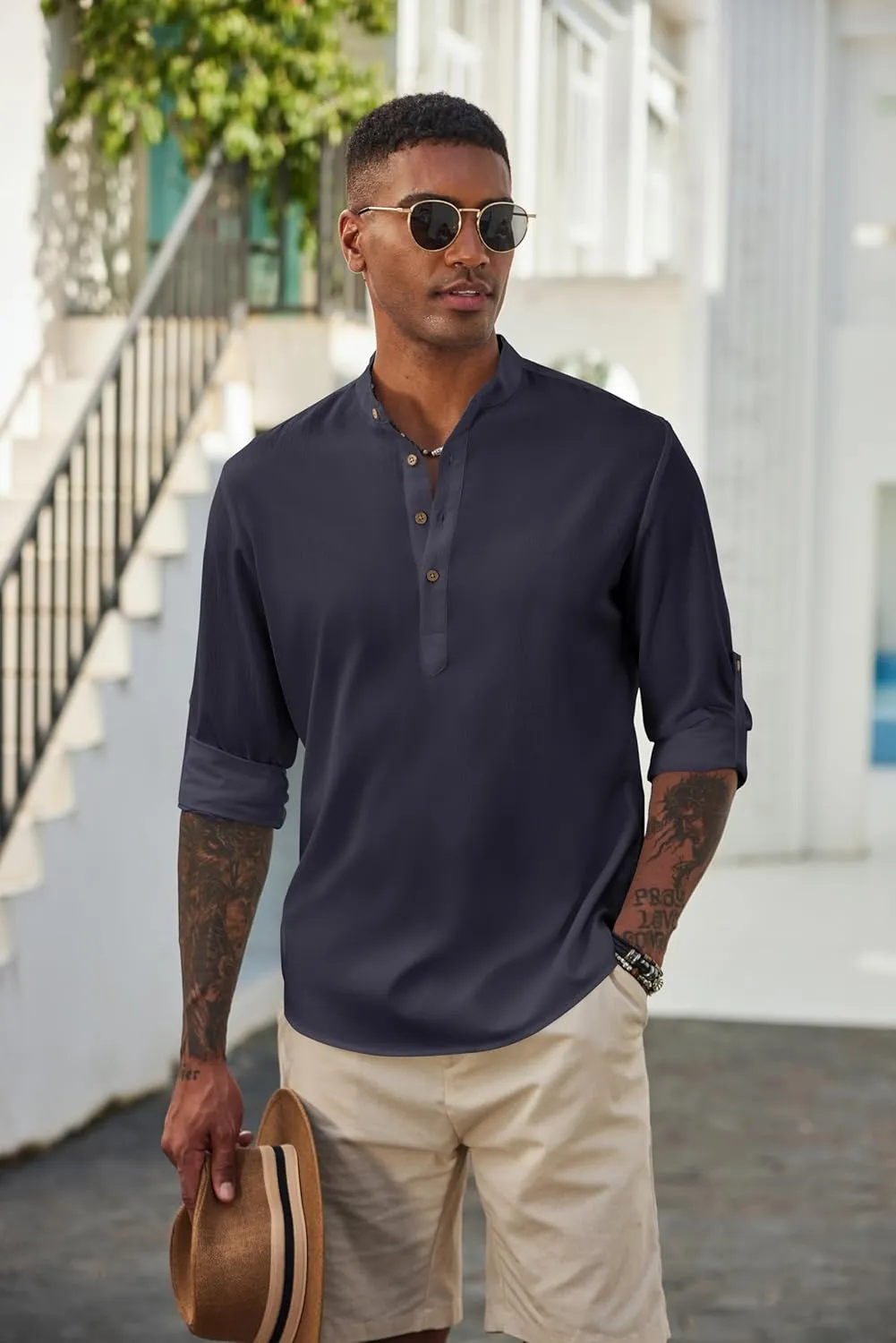 COOFANDY Men's Casual Henley Shirts Long Sleeve Band Collar Lightweight Beach Shirts Summer T-Shirts