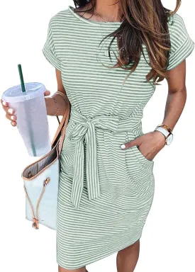 Cotton T Shirt Dresses for Women 2024 Cute Striped Summer Dress Tie Waist Casual Sun Dresses with Pockets