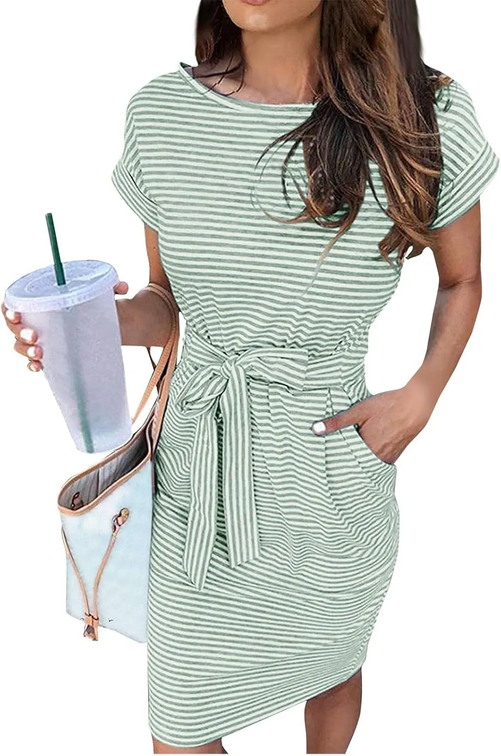 Cotton T Shirt Dresses for Women 2024 Cute Striped Summer Dress Tie Waist Casual Sun Dresses with Pockets