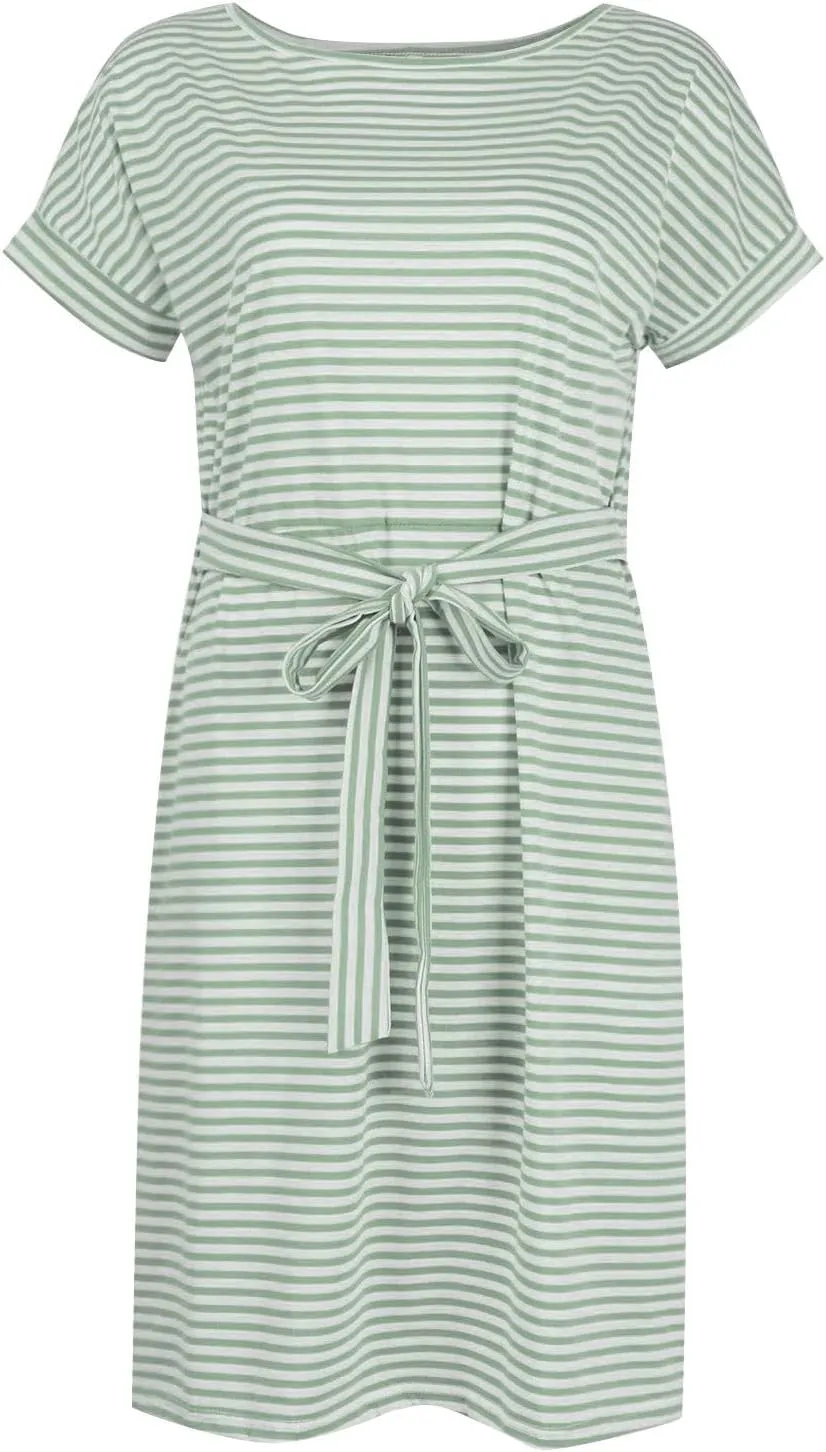 Cotton T Shirt Dresses for Women 2024 Cute Striped Summer Dress Tie Waist Casual Sun Dresses with Pockets