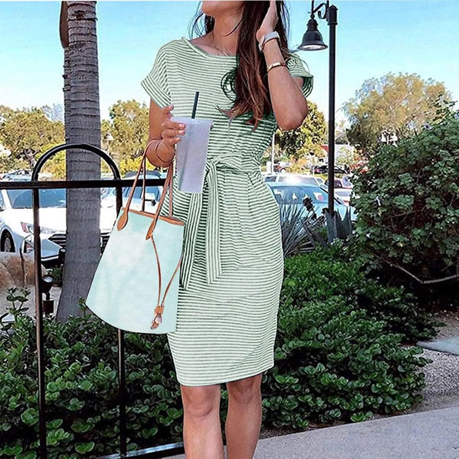 Cotton T Shirt Dresses for Women 2024 Cute Striped Summer Dress Tie Waist Casual Sun Dresses with Pockets
