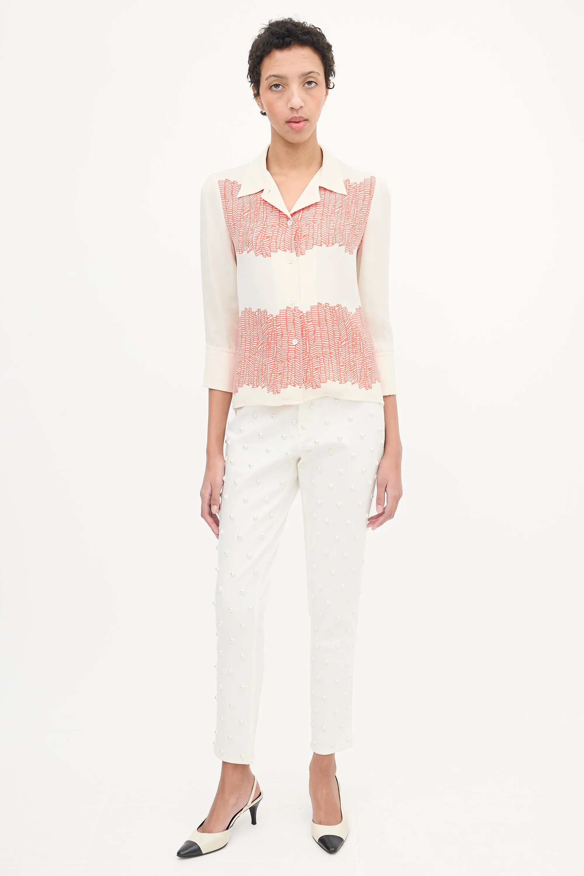 Cream & Red Silk Printed Shirt