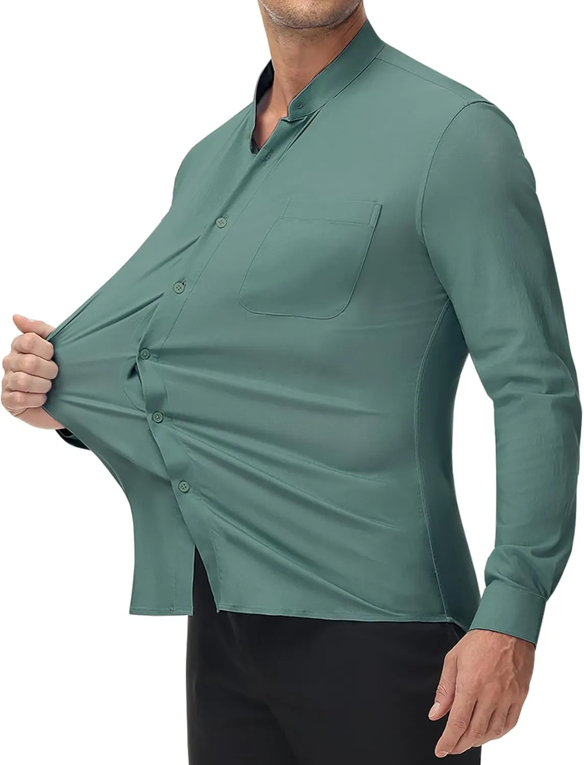 DEMEANOR Band Collar Dress Shirts for Men Stretch Dress Shirts Collarless Button Down Long Sleeve Shirts Muscle Fit