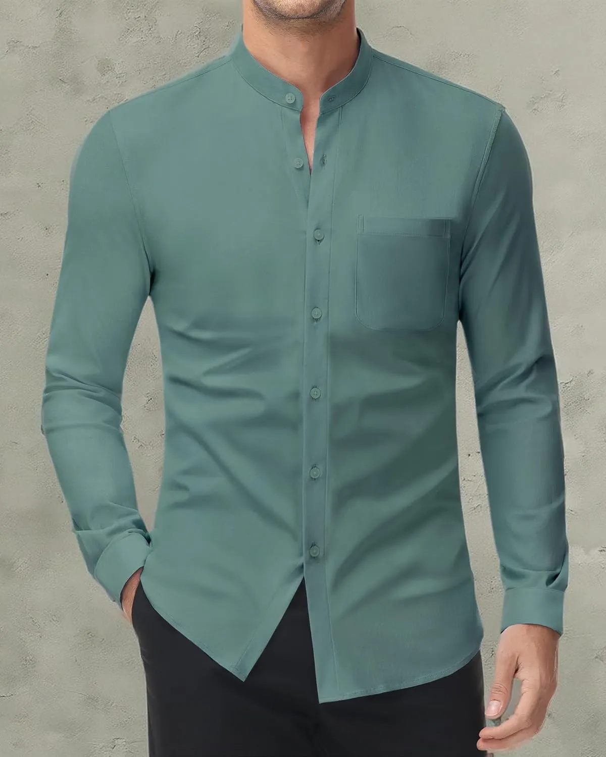 DEMEANOR Band Collar Dress Shirts for Men Stretch Dress Shirts Collarless Button Down Long Sleeve Shirts Muscle Fit