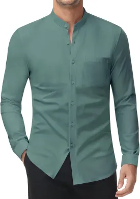 DEMEANOR Band Collar Dress Shirts for Men Stretch Dress Shirts Collarless Button Down Long Sleeve Shirts Muscle Fit