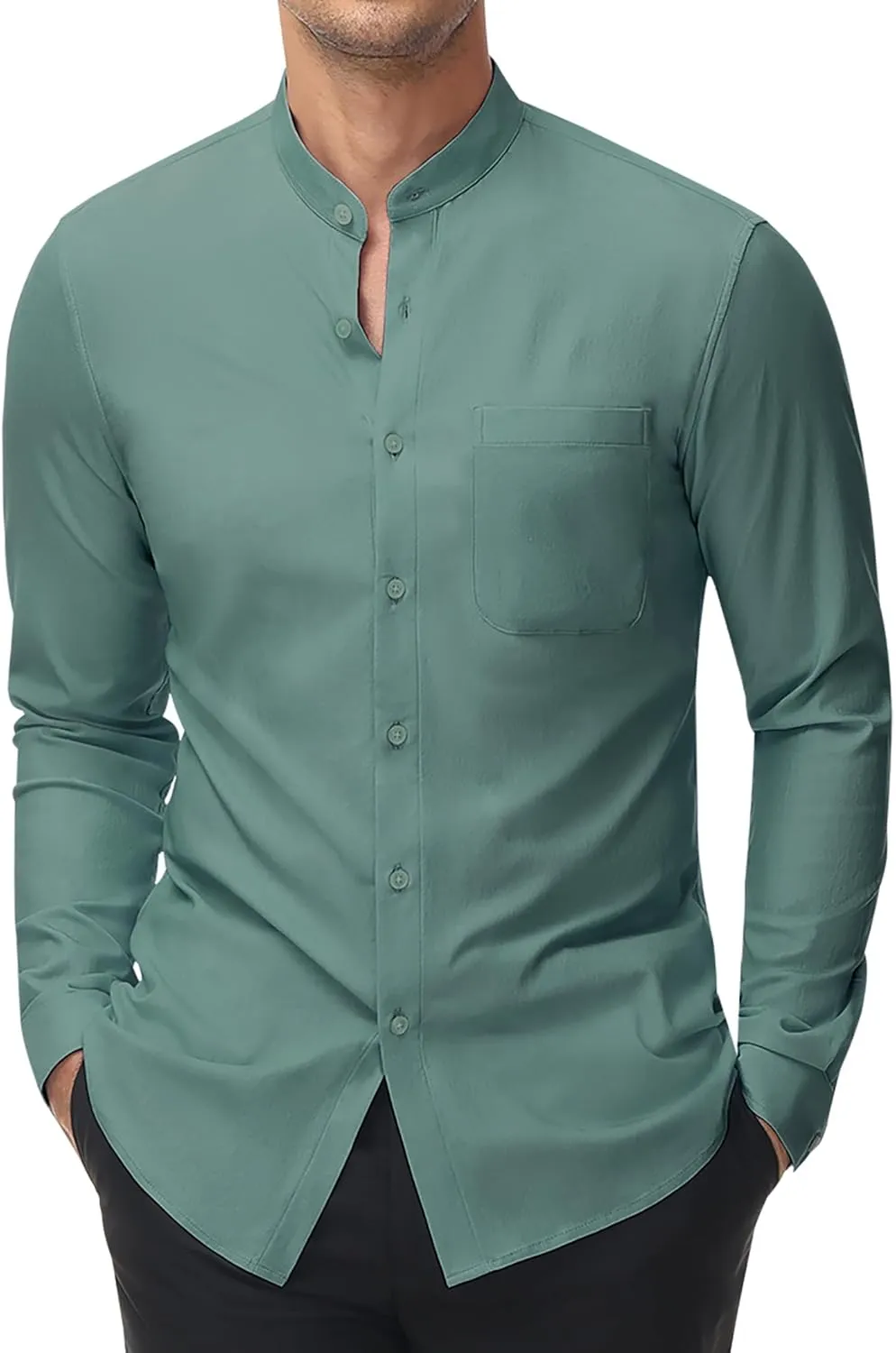 DEMEANOR Band Collar Dress Shirts for Men Stretch Dress Shirts Collarless Button Down Long Sleeve Shirts Muscle Fit