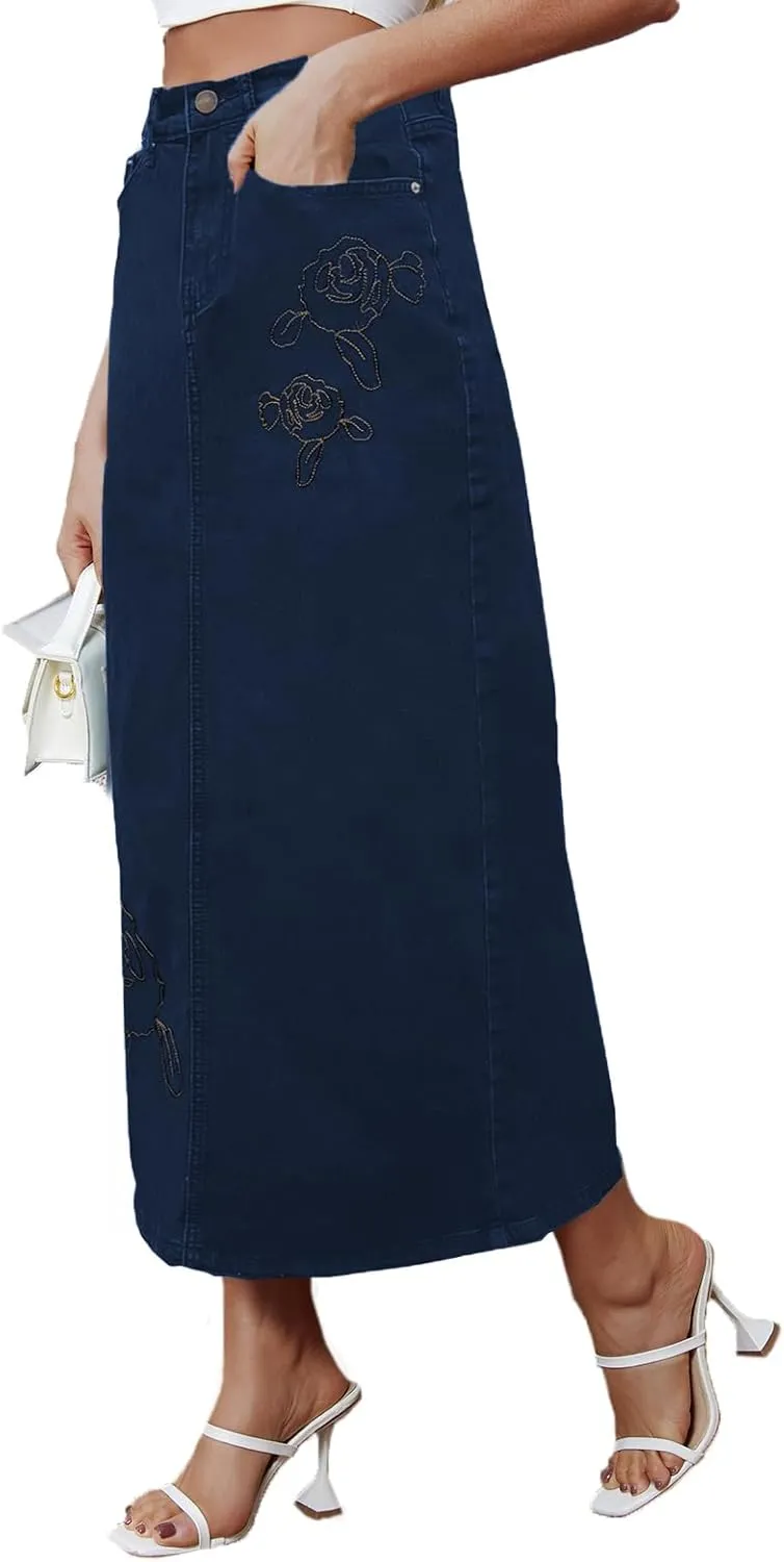 Denim Skirt for Women Midi Jeans Skirt A Line Slit Below The Knee Long Skirt