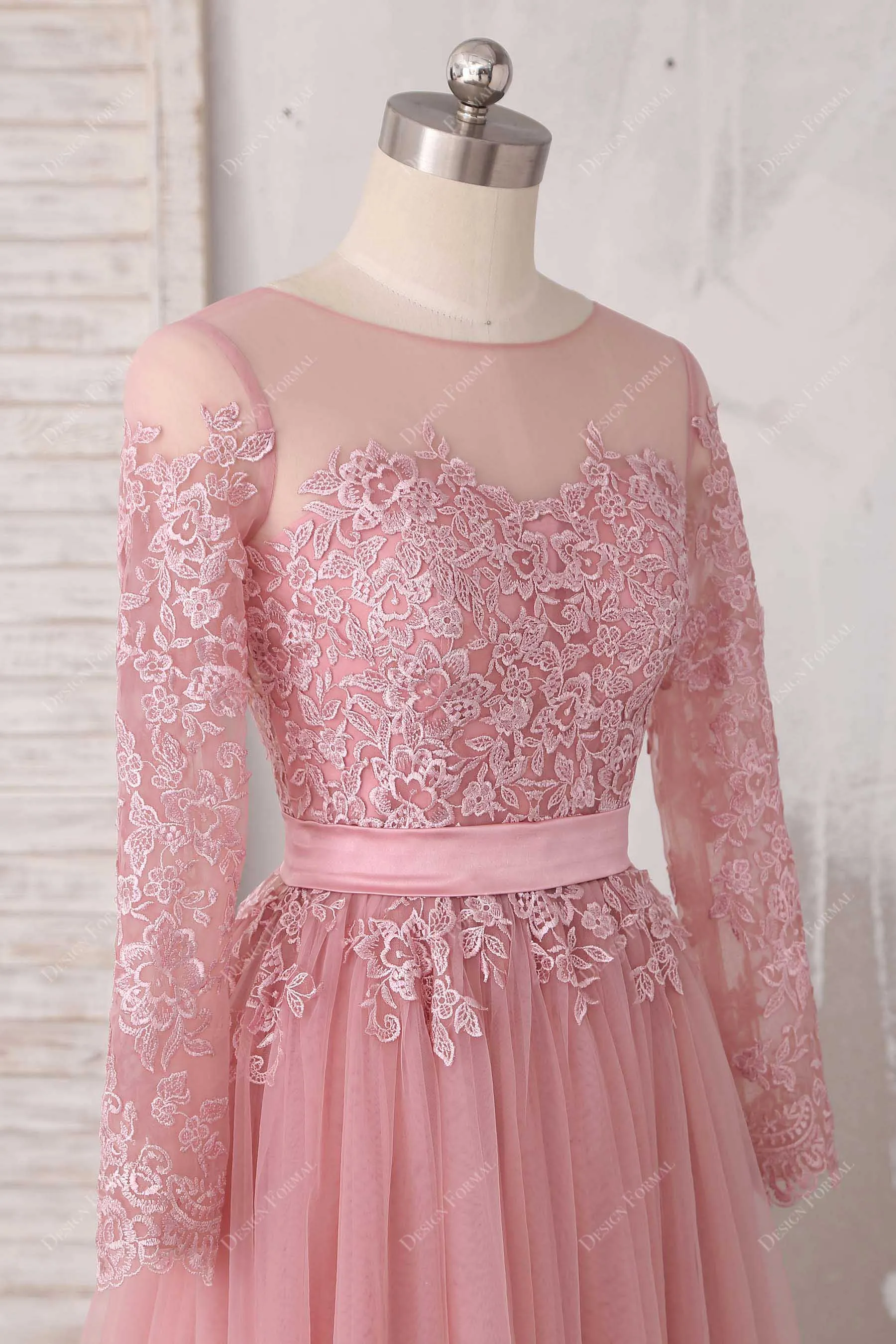 Dusty Pink Lace Tulle Sheer Long Sleeves Elegant Dress
