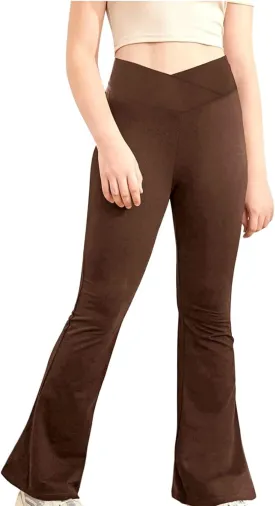 Girls Crossover Bell Bottoms Leggings High Waisted Solid Yoga Pants Kids Bootcut Flare Trousers Stretchy Dance Pants