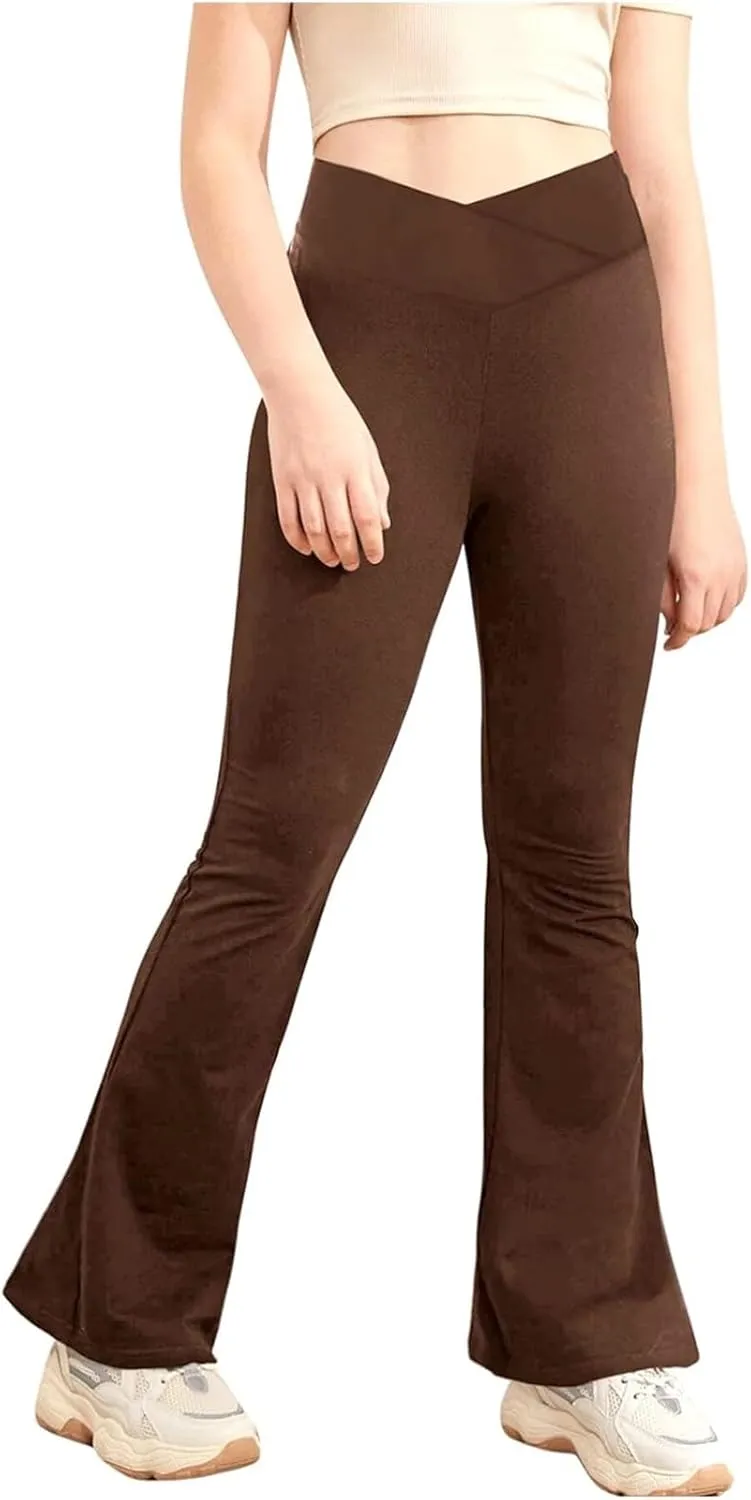Girls Crossover Bell Bottoms Leggings High Waisted Solid Yoga Pants Kids Bootcut Flare Trousers Stretchy Dance Pants