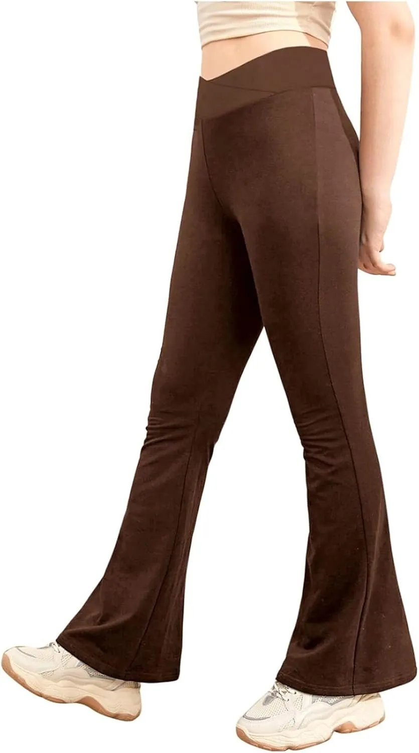 Girls Crossover Bell Bottoms Leggings High Waisted Solid Yoga Pants Kids Bootcut Flare Trousers Stretchy Dance Pants