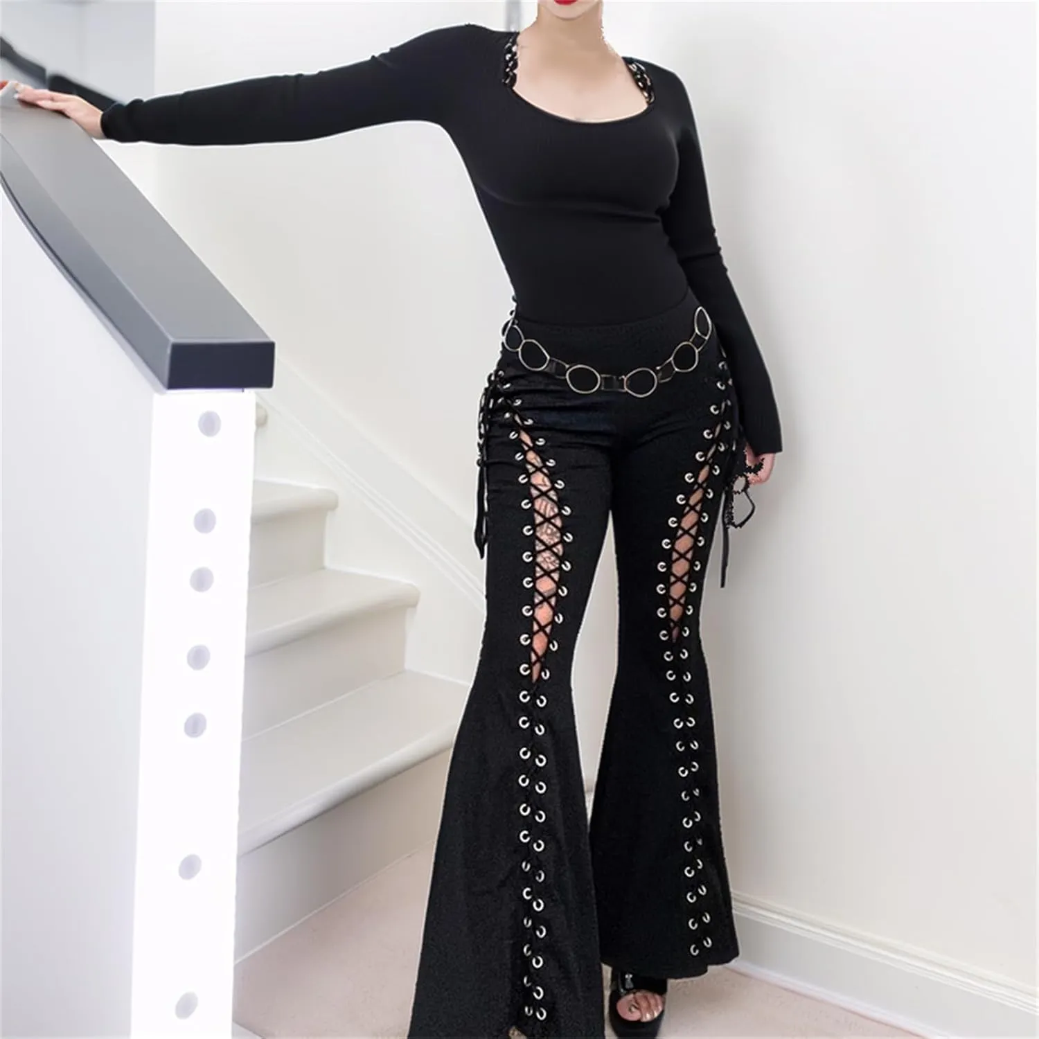 Gothic Bottom Pants for Women Punk Wide Leg Rave Goth Disco Festival