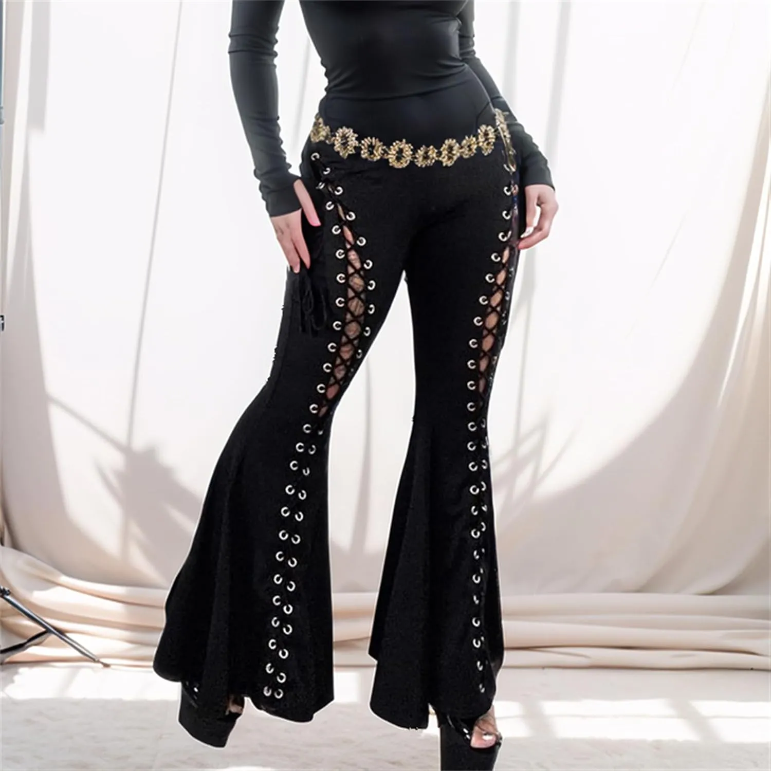 Gothic Bottom Pants for Women Punk Wide Leg Rave Goth Disco Festival