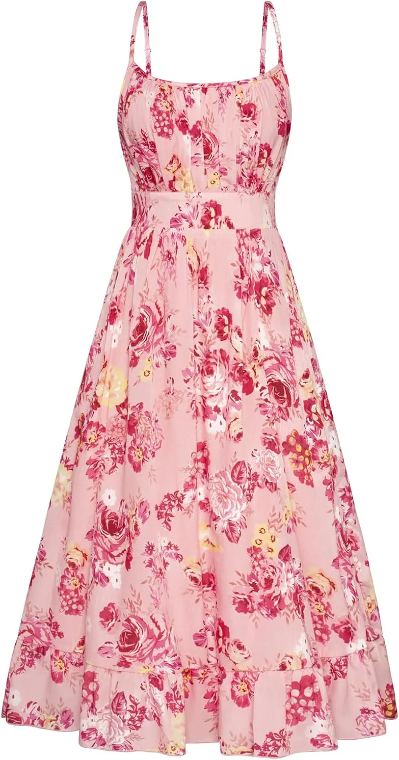 GRACE KARIN Women's Spaghetti Strap Floral Dress Ruffle Hem Pleated Casual Summer Dress Boho Flowy Midi Beach Dress