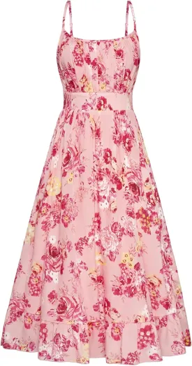 GRACE KARIN Women's Spaghetti Strap Floral Dress Ruffle Hem Pleated Casual Summer Dress Boho Flowy Midi Beach Dress