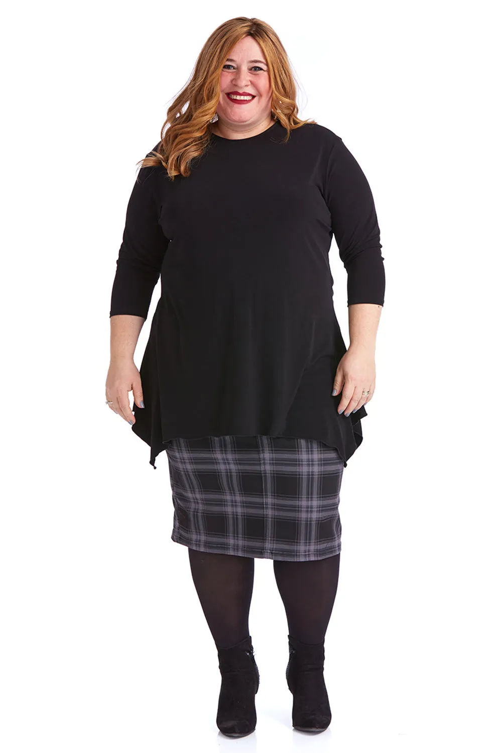 Grey Plaid Stretchy Modest Denim Jean Pencil Skirt 'Melrose'
