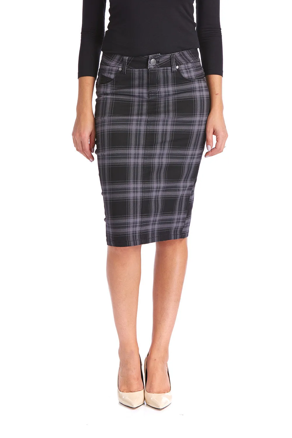 Grey Plaid Stretchy Modest Denim Jean Pencil Skirt 'Melrose'