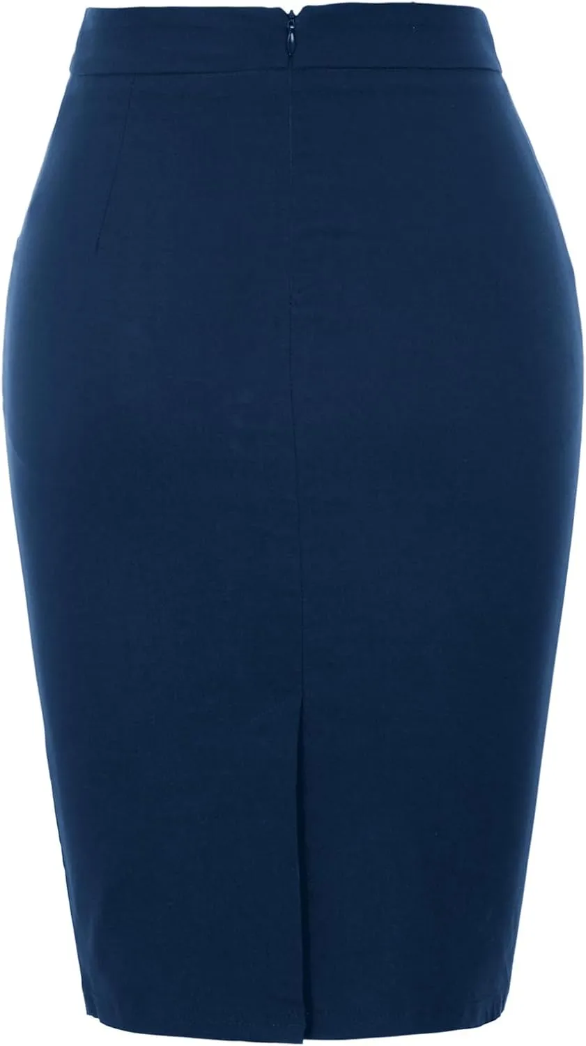 Kate Kasin Womens Knee Length Elastic Waist Basic Stretchy Bodycon Business Pencil Skirt