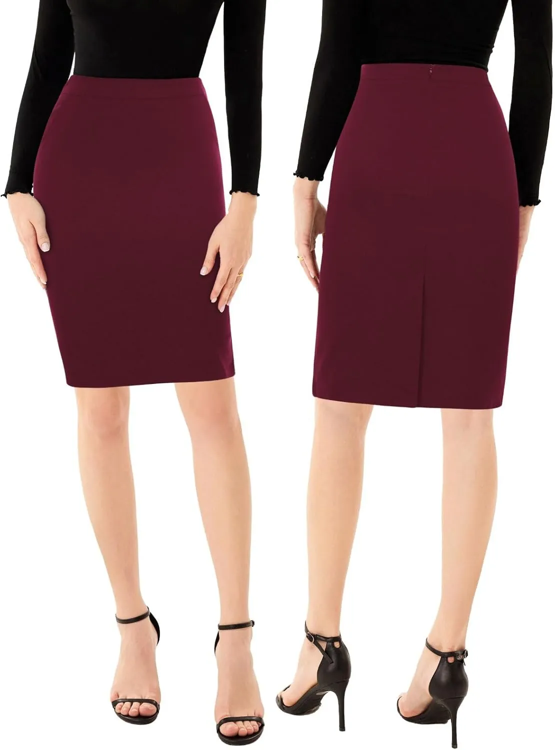 Kate Kasin Womens Knee Length Elastic Waist Basic Stretchy Bodycon Business Pencil Skirt